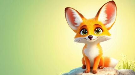 Cute Cartoon Fox Character with Big Eyes and Fluffy Tail Sitting on a Rock Against a Soft Pastel Background