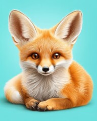 Obraz premium Charming and Adorable Fox with Large Ears and Bright Eyes Resting on a Vibrant Aqua Background