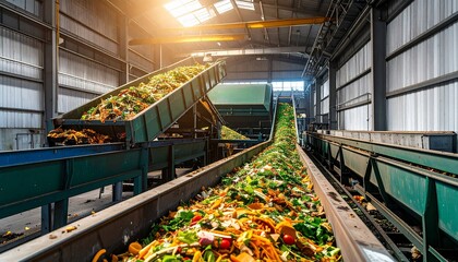 Organic waste processing Conveyor belts inside a recycling facility.