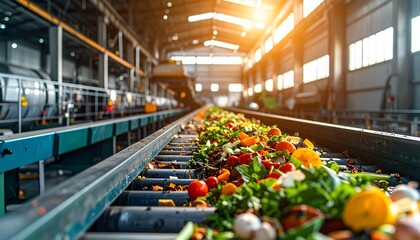 Organic waste sorting at a modern recycling plant with sustainability concept.