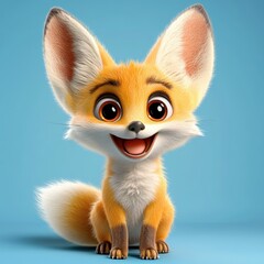 Obraz premium Cheerful cartoon fox character with large expressive eyes, fluffy ears, and a playful demeanor, set against a vibrant blue background for joyful designs