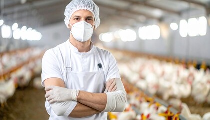 Poultry Farm Worker in Protective Gear Inspecting Health of Chickens.