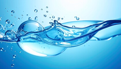 Refreshing Blue Water Splash Liquid Flow with Bubbles, and Abstract Background.