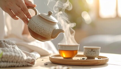 Relaxing Tea Time Pouring Hot Herbal Tea into Cup with Cozy Indoor Scene.