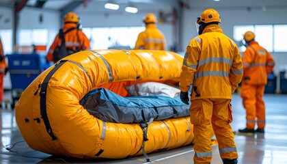Rescue team members around an inflatable raft in a warehouse with safety concept.