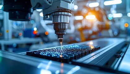 Robotic arm precisely welds components on assembly line in a modern factory.