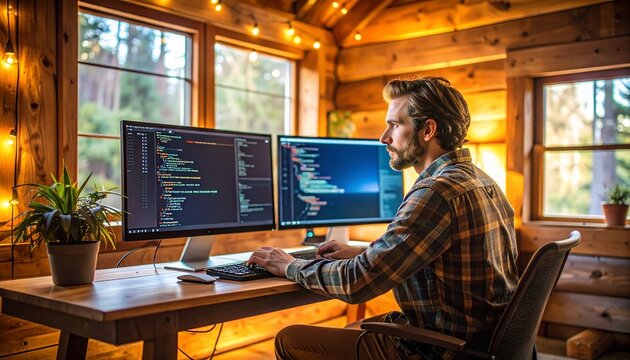 Remote developer coding at home in cozy wooden cabin with string lights.
