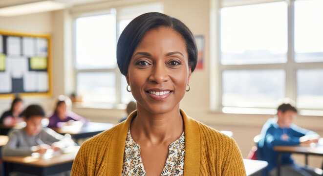 Educator smiling confidently in a classroom filled with students engaged in learning, showcasing a positive teaching environment and dedication to education