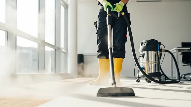 Professional carpet steam cleaning bright environment yellow boots action