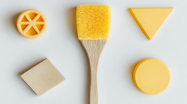 Geometric shapes made of sponge including circle triangle square and brush creative art supplies for kids isolated on white