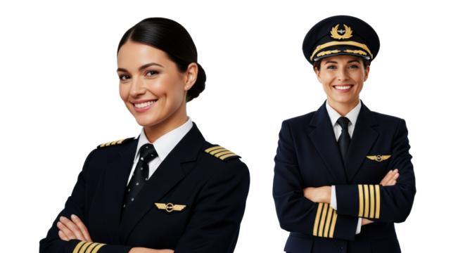 Smiling Female Pilot In Uniform With Pilot Hat And Wings Badge Isolated On Transparent Background