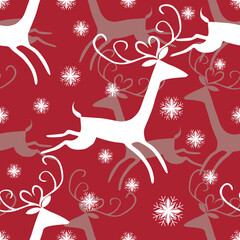 Hand drawn Christmas reindeer and snowflake seamless pattern on red background
