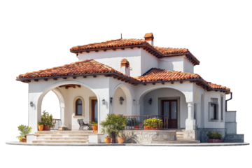 Beautiful Mediterranean villa with white walls, terracotta roof, and arched patio.
