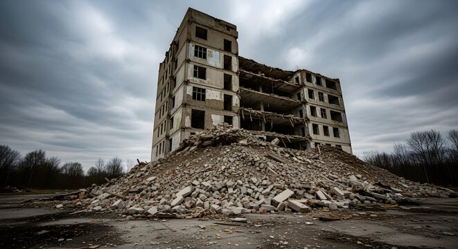 Dilapidated concrete building, partially demolished and surrounded by a vast pile of rubble, stands under a dramatic cloudy sky, depicting urban decay and the stark aftermath of destruction - Powered by Adobe