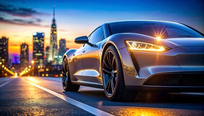 Sleek Electric Car on City Road at Dusk Future Transportation Concept.