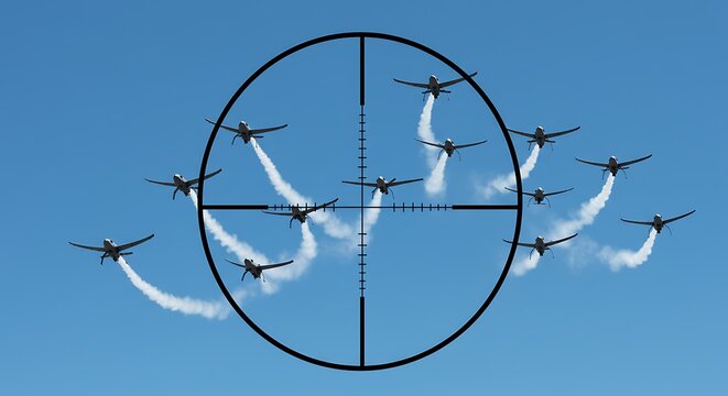 Aerial view of several planes in a formation, framed by a target reticle, against a blue sky