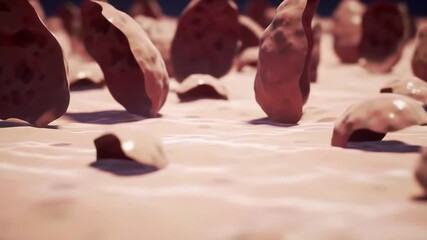 Abstract 3D animation of microscopic particles or cells moving and interacting on a textured surface depicting biological processes or scientific research at a cellular level. - Powered by Adobe