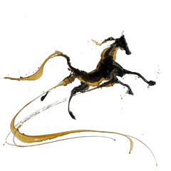 Fototapeta premium Dynamic Golden Horse in Motion with Ink Splatter Trail on Black