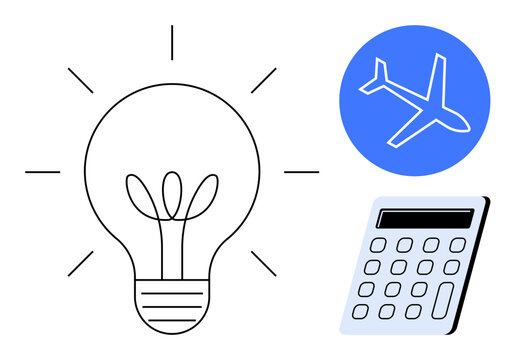 Light bulb, calculator, and airplane together represent travel planning, financial management, creativity, and innovation. Ideal for education, startups, business sustainability technology travel - Powered by Adobe