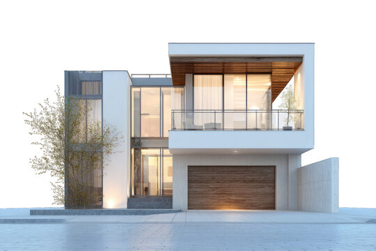 Luxury modern duplex house with large windows and garage isolated