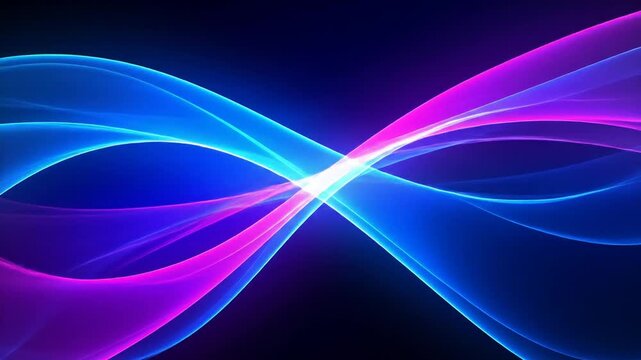 Glowing wavy lines of blue and magenta intersect against a dark, saturated, gradient backdrop