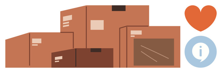 Cardboard boxes of various sizes stacked together with a red heart and info sign. Ideal for delivery, transportation, e-commerce, logistics, packaging, customer care, and online shopping themes