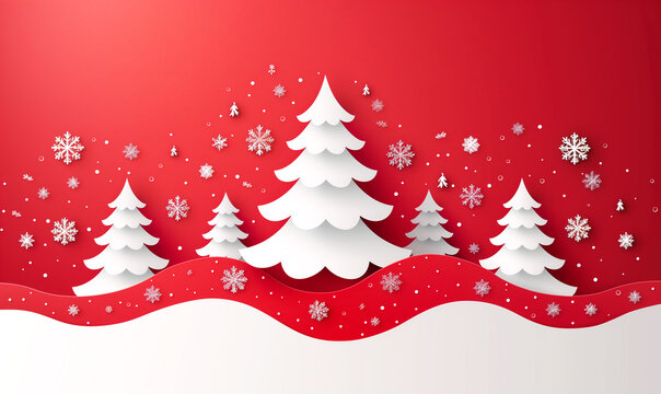 Paper cut winter wonderland with trees and falling snowflakes