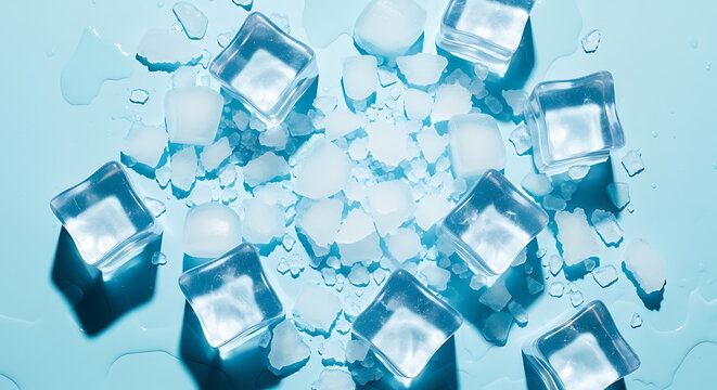 Scattered ice cubes and crushed ice on light blue background
