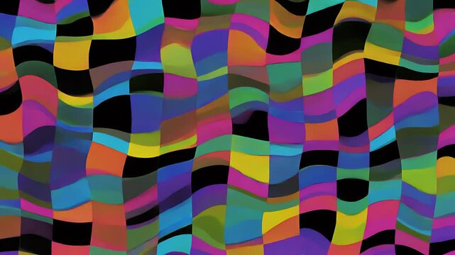 Timelapse of wavy checkerboard patterns cycling through vibrant psychedelic colors, creating a mesmerizing and dynamic optical illusion effect