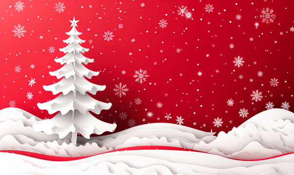 White paper christmas tree, snow, snowflakes on red festive background. - Powered by Adobe