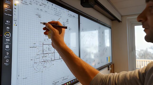 Architect or engineer meticulously sketches building plans on a large interactive digital whiteboard with a stylus, showcasing modern design and planning technology for innovative projects