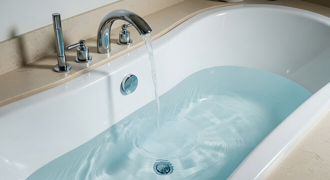 Bathtub being filled with water from a chrome faucet in a bathroom setting