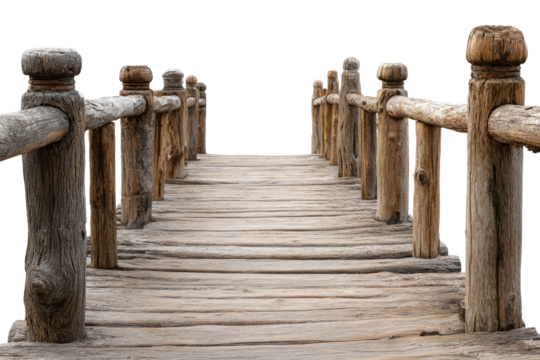 Wooden bridge path, brown planks, rustic railing