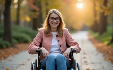 Happy young woman in wheelchair in inclusive company. High quality