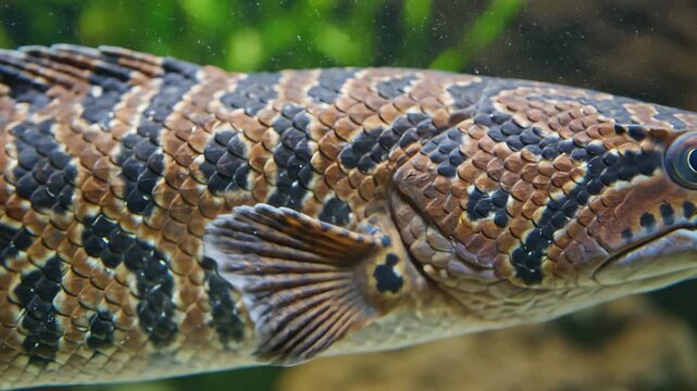 Close Up of Snakehead Fish Swimming Underwater in an Aquarium