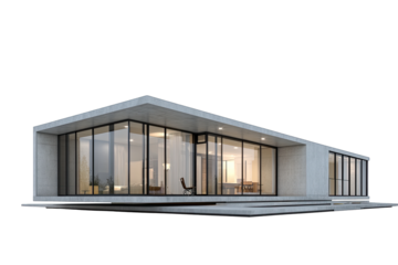 Modern minimalist concrete house with large glass windows and flat roof.