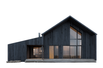 Striking modern black wood cabin with large windows and a gabled roof.