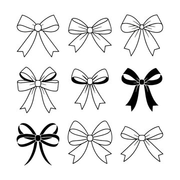 Riboon bow silhouette vector icons set illustration, Black line art, Elegant, vector pack, monochrome minimalist design, Clipart, Gift Wrapping Designs, special occasions, Stylish, symbols,