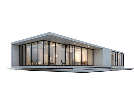Modern minimalist concrete house with large glass windows and flat roof.
