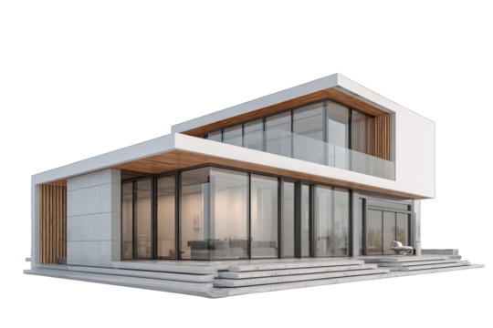 Multi-level modern minimalist house with glass walls and flat roof.