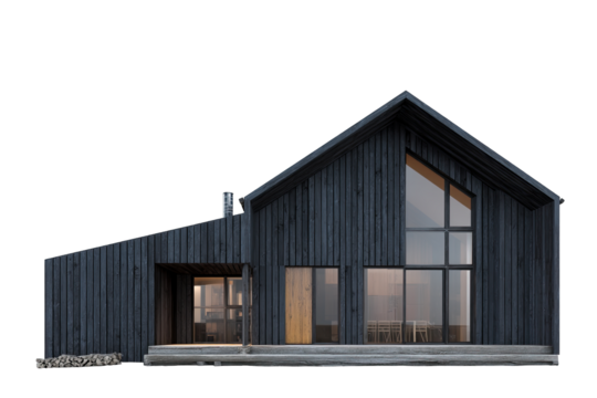 Striking modern black wood cabin with large windows and a gabled roof.