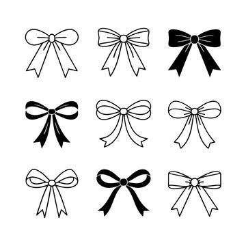 Riboon bow silhouette vector icons set illustration, Black line art, Elegant, vector pack, monochrome minimalist design, Clipart, Gift Wrapping Designs, special occasions, Stylish, symbols,