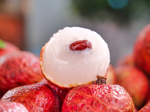 Fresh Lychee Fruit Close-up from Gaozhou Guangdong Province China Showing White Flesh and Red Seed