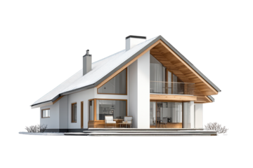 Contemporary Scandinavian White House with Wooden Eaves and Snow