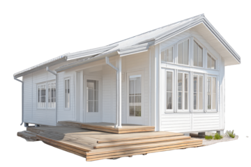 Long Modern White Scandinavian House with Wooden Deck and Porch