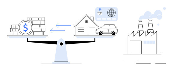 Scale balancing money with a house, car, and technology icons, alongside a factory emitting smoke. Ideal for economy, investment, decision-making, resource allocation, sustainability trade-offs