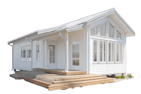 Long Modern White Scandinavian House with Wooden Deck and Porch