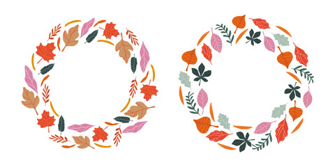 Two autumn wreaths for decor and design. Floral ornament with colorful autumn leaves for a greeting card or banner.
