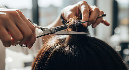Hairdresser cutting a strand of dark brown hair with steel scissors in a salon.