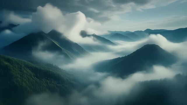 Wind Blowing Through Misty Mountains with Soft Volumetric Light, Gently Moving Clouds, and Cinematic Atmosphere for Stunning Mountain Landscape Visuals and Mesmerizing Nature Motion